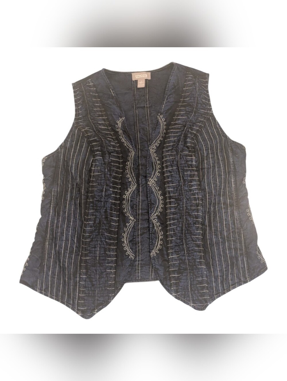 Chico's Blue Black Embroidered Quilted Vest - Sz 2